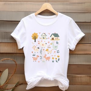 Animales de granja de dibujos animados, granero, árbol, cerdos, vacas, colores vintage, ropa para niña, archivo PNG de sublimación, camiseta para niña pequeña, descarga digital