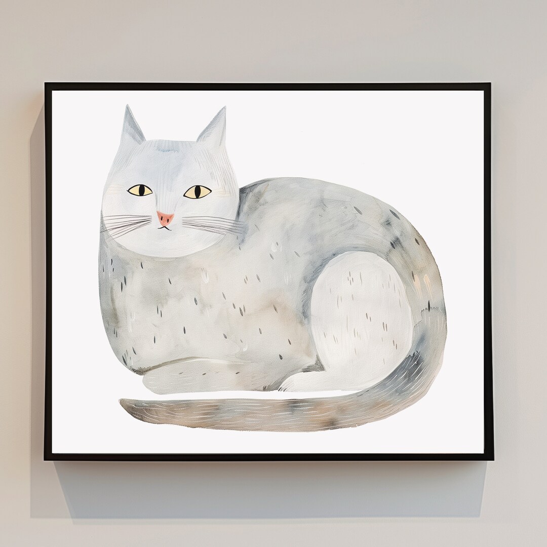 White Cat Cat Art Print White Background Neutral Colors Funny Wall ...
