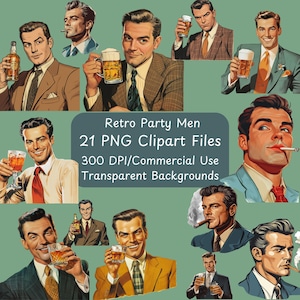 Hombres fiesteros retro de los años 50 - Paquete de imágenes prediseñadas - 21 archivos PNG - Uso comercial - Descarga digital instantánea - Bebiendo whisky - Fumando - Salud