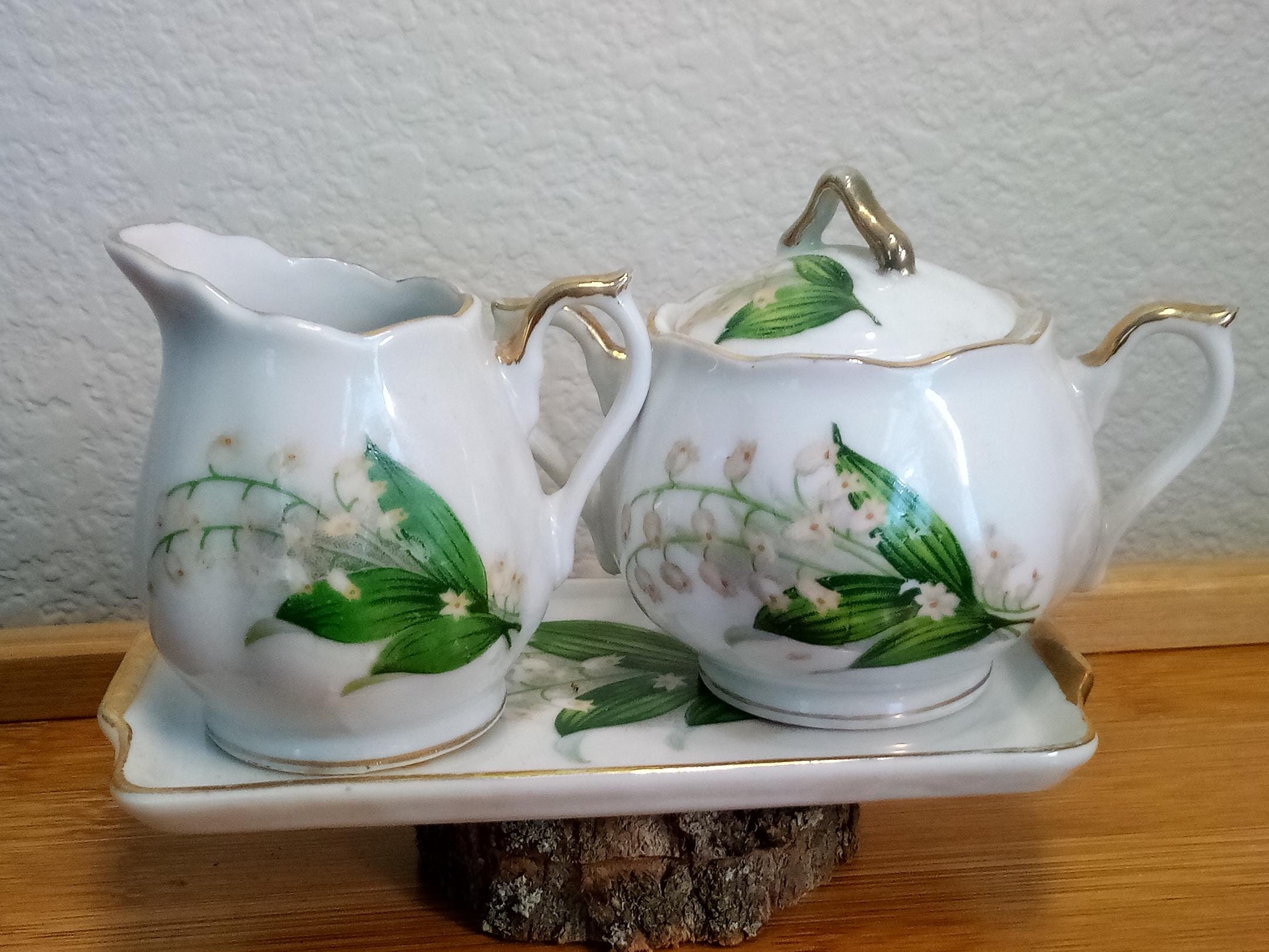 Vintage Porcelain Sugar, Creamer and Tray Lily of the Valley Set Gold Trim