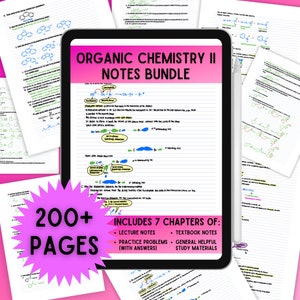 Puede incluir: Una tableta digital que muestra una guía de estudio colorida para Química Orgánica II. La guía incluye 7 capítulos de notas de clase, notas de libro de texto, problemas de práctica con respuestas y materiales de estudio generales útiles. La guía se anuncia como que tiene más de 200 páginas.