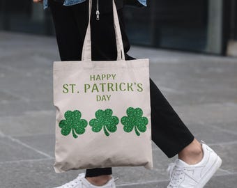 Happy St. Patrick's Day Shamrock Tote Bag | Cotton Canvas Tote | Green Clover Tote Bag | St. Patrick's Day Gift