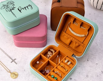 Mothers Day Gift Custom Jewelry Box, Engraved Travel Jewelry Box, Personalized Gift for Mom Birthday Gifts, Birth Month Flower Gift for Mom