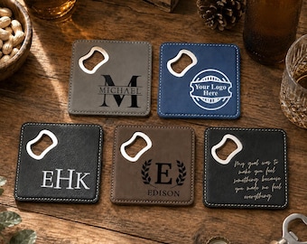 Custom Leather Coaster Bulk with Bottle Opener, Corporate Gifts with Logo, Personalized Leatherette Coasters Set, Groomsmen Best Man Gift