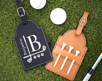 Personalized Golf Tee Holder, Engraved Leather Golf Bag Tag, Monogram Leather Custom Name Golf Tag, Groomsman Golf Gift Bachelor Party Favor