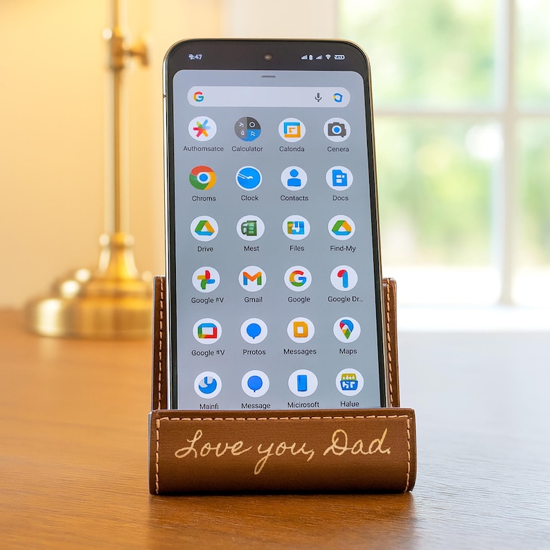 Peut inclure: Un smartphone est pos&eacute; dans un support de t&eacute;l&eacute;phone en cuir marron. Le support porte l'inscription "Love you, Dad". L'&eacute;cran du t&eacute;l&eacute;phone affiche diverses ic&ocirc;nes d'applications. Le support est sur une surface en bois.