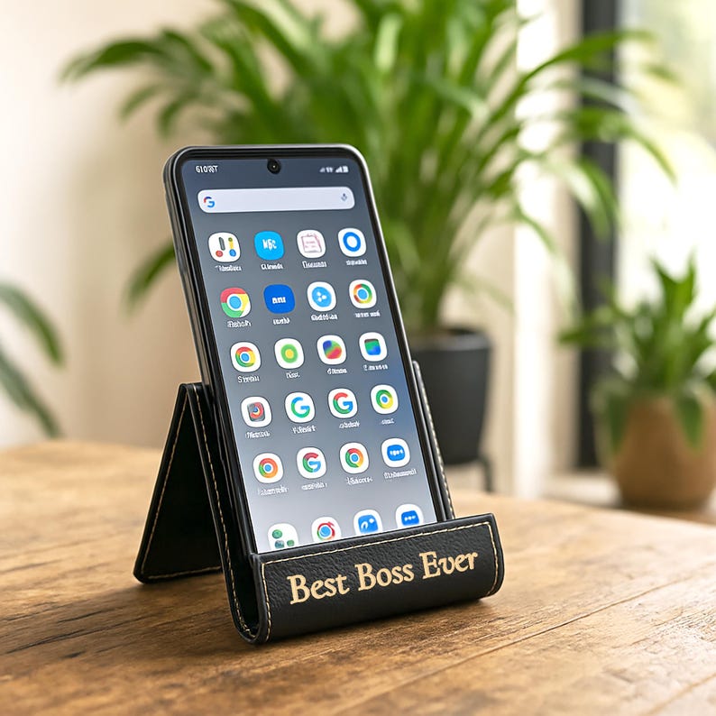 Peut inclure: Un support de t&eacute;l&eacute;phone en cuir noir avec l'inscription dor&eacute;e "Best Boss Ever". Un smartphone est affich&eacute; dans le support, montrant des ic&ocirc;nes d'applications. Le support est sur une surface en bois, avec des plantes vertes en arri&egrave;re-plan.