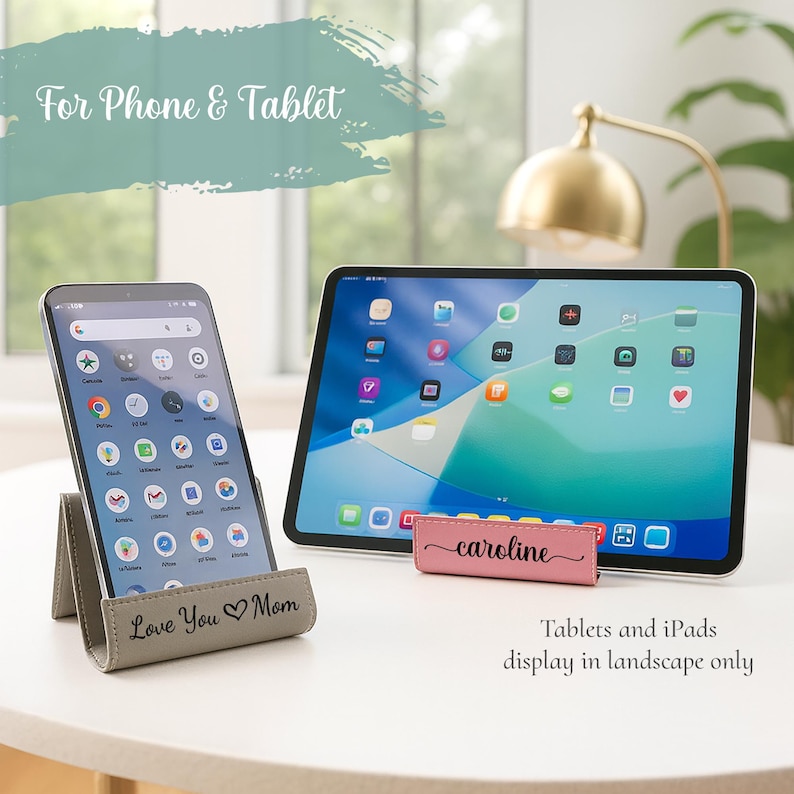 Peut inclure: Un smartphone et une tablette sont pr&eacute;sent&eacute;s sur une surface blanche. Le t&eacute;l&eacute;phone est dans un support gris avec "Love You Mom" imprim&eacute; dessus. La tablette repose sur un support rose avec "caroline" imprim&eacute; dessus. Le texte "For Phone & Tablet" est en haut.