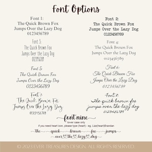 Peut inclure: Sur un fond beige, neuf options de polices sont pr&eacute;sent&eacute;es avec le texte "Font Options" en &eacute;criture d&eacute;corative. Chaque police affiche "The Quick Brown Fox Jumps Over the Lazy Dog" et une s&eacute;quence num&eacute;rique. La police neuf est en minuscules.