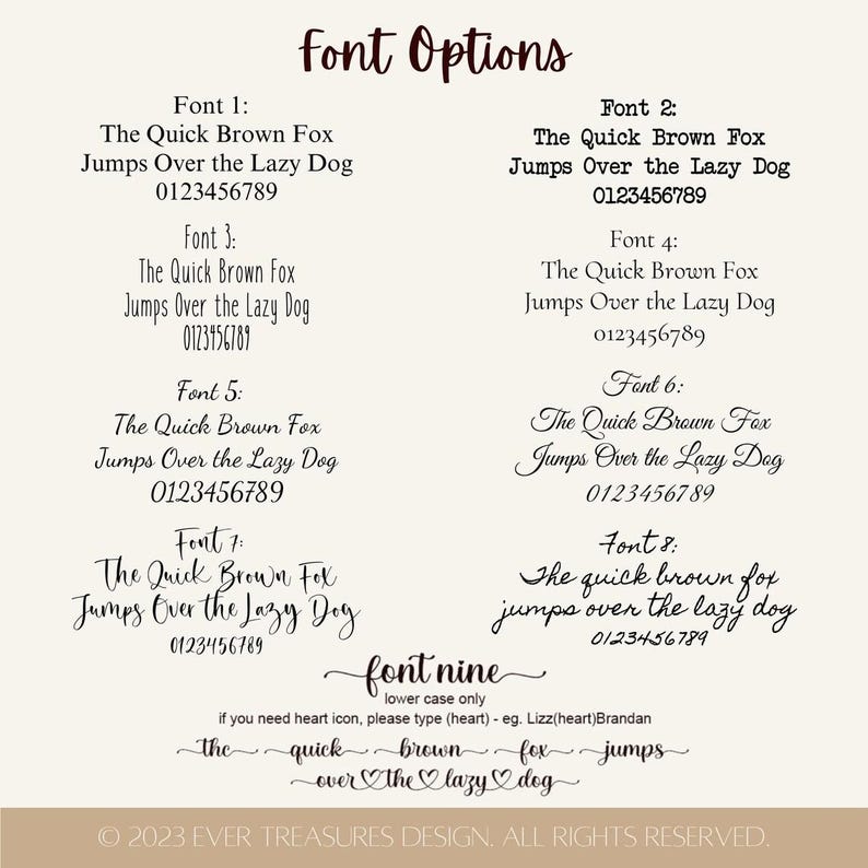 Peut inclure: Sur un fond beige, neuf options de polices sont pr&eacute;sent&eacute;es avec le texte "Font Options" en &eacute;criture d&eacute;corative. Chaque police affiche "The Quick Brown Fox Jumps Over the Lazy Dog" et une s&eacute;quence num&eacute;rique. La police neuf est en minuscules.