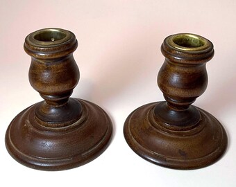 Vintage Turned Wood and Brass Candlestick Holders - Set of 2 - Rustic Classic Home Décor