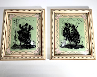 Pair of Small Vintage Courting Couple Silhouettes - Convex Bubble Glass Reverse Painted Art in Ornate Frames - Romantic Wall Decor