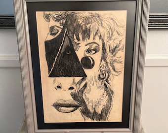 Vintage Charcoal Abstract - Surreal Drawing of Female Features | Professionally Framed