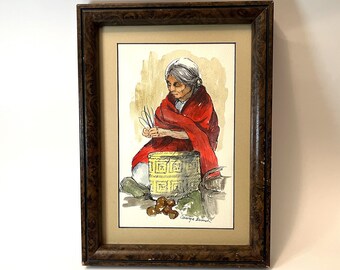 May include: A framed watercolor painting of a woman in a red shawl sitting with a basket and fruit. The painting is signed "Carolyn Branch".