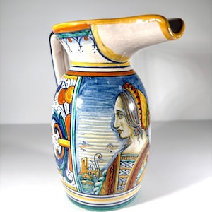 Vintage Hand-Painted Italian Majolica Pitcher, Deruta Style, Renaissance Revival Design, 7&quot; Tall Glazed Pottery Jug