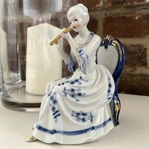 Antique Dresdner Dresden Porcelain Hand Painted Flute Figurine - Victorian Woman Playing Golden Flute - Vintage Blue & White Collectible