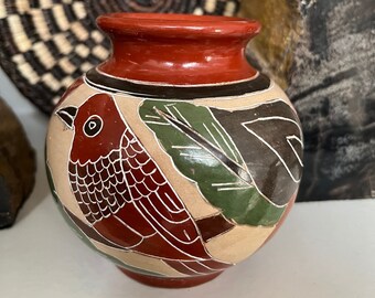 Vintage Nicaraguan Pottery Vase Red Clay Handmade | Bird, Leaf, and Floral Motif | Nicaragua Sgraffito Style Etched Art