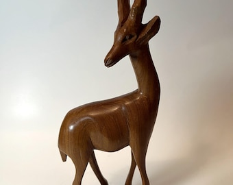 Vintage Hand-Carved Wooden Antelope Sculpture - 12" Tall African Art Decor