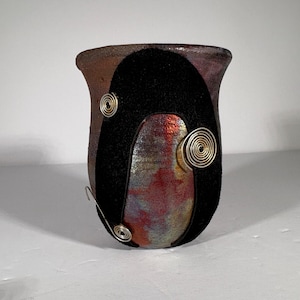 Small Handmade Raku Pottery Vase &quot;Spiral&quot; by Linda Dumas - 4 Inch Tall - Unique Raku Glazed Ceramic with Silver Spiral Embellishments