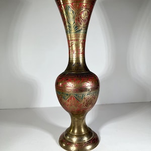 Vintage Indian Brass Vase - Hand-Etched & Painted Floral Design - 10&quot; Tall - Made in India