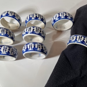 Vintage Blue and White Hand Painted Napkin Rings, Set of 8