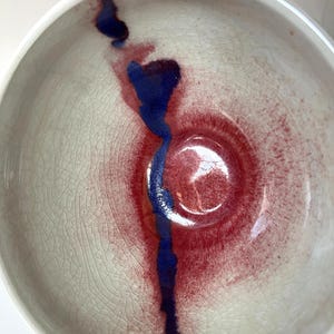 Vintage White and Red Glazed Studio Pottery Serving Bowl - Unique Abstract Design - 7&quot; Wide and 3 1/2&quot; Tall - Signed