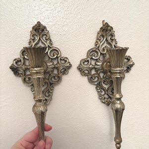 Vintage Hollywood Regency Style Metal Wall Sconces - 11 Inches Tall - Set of Two