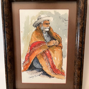 Vintage Carolyn Bunch Originals Signed Watercolor Ink Drawing &quot;Street Vendor - Mexico&quot; - Set of Two