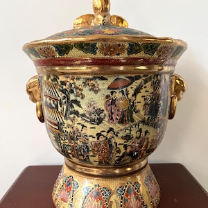 Vintage Chinese Satsuma Hand-Painted Porcelain Lidded Urn/Vase - 12.5&quot; Tall, Gold Accents, Geisha Scene