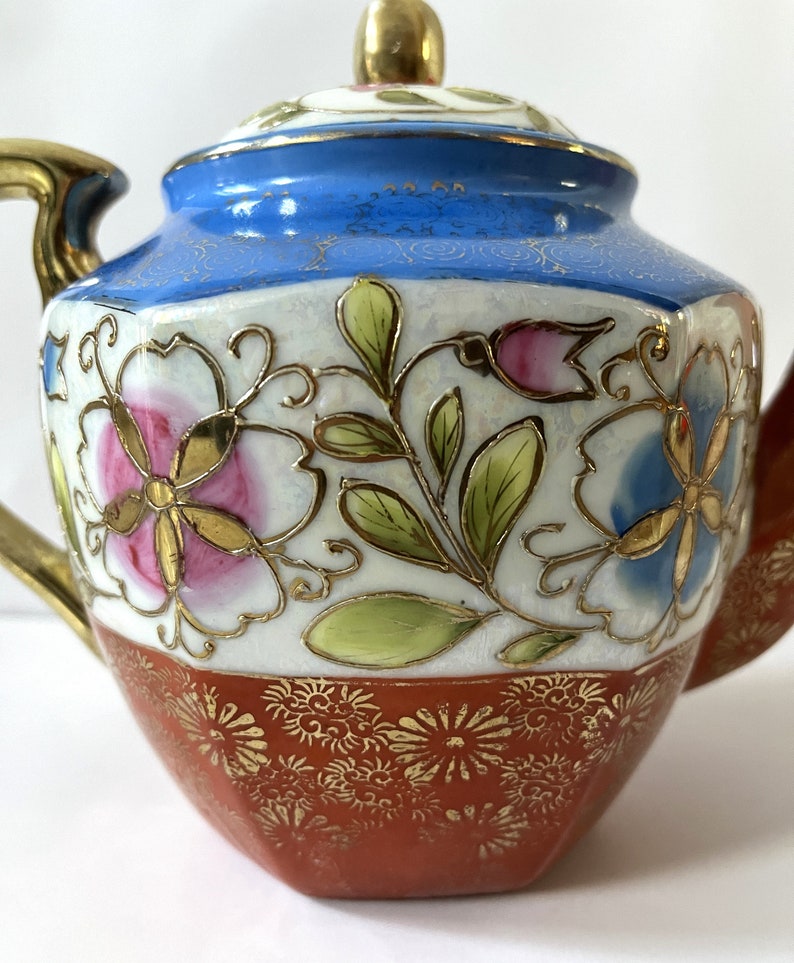 Rare Vintage Handpainted Japanese Teapot and Sugar Bowl Blue and