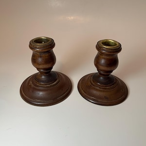 Vintage Turned Wood and Brass Candle Holders - Set of 2