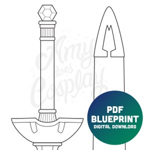 Puede incluir: Un dibujo en blanco y negro de una espada con un cristal en la parte superior. La espada está en dos partes, la parte superior es un cristal y la parte inferior es una hoja de espada. La imagen está etiquetada como "PDF BLUEPRINT DIGITAL DOWNLOAD".