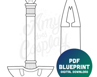 May include: A black and white line drawing of a sword with a crystal on top. The sword is in two parts, the top part is a crystal and the bottom part is a sword blade. The image is labelled "PDF BLUEPRINT DIGITAL DOWNLOAD".