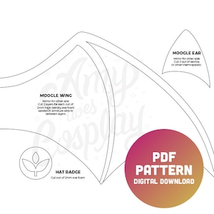 May include: A digital download PDF pattern for a Moogle costume. The pattern includes instructions for making the wings, ears, and a hat badge. The pattern is printed on a white background with a pink and orange gradient circle that says "PDF PATTERN DIGITAL DOWNLOAD".