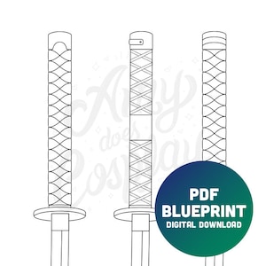 Puede incluir: Un plano digital descargable en formato PDF para crear tres espadas katana. El plano está dibujado en blanco y negro e incluye una etiqueta "PDF Blueprint Digital Download".