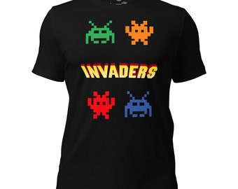 Space Invaders T-shirt, 80's gaming shirt, 8-bit games, retro gaming outfit, arcade games apparel, alien attack entertainment