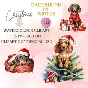 Teckels aquarel clipart l Kerst teckel aquarel l honden PNGs l kaart maken l digitale download l commercieel gebruik