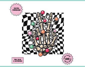 Retro Checkered Skeleton png, Funny Christmas Png, Retro Christmas Png, Skeleton Christmas png, Christmas Png, Skeleton Christmas Lights png
