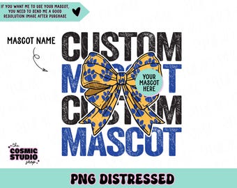 Puede incluir: Un diseño digital que presenta un lazo azul y amarillo con huellas de patas. El texto "CUSTOM MASCOT" está en una fuente desgastada con colores azul y negro. El texto "YOUR MASCOT HERE" está en un círculo blanco.