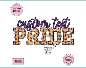 Puede incluir: Gráfico morado y amarillo desgastado con el texto "custom text PRIDE" con huellas de patas en el fondo. El texto "PNG SOLID & DISTRESSED" está en la parte inferior del gráfico.