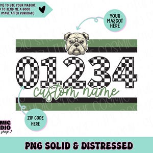May include: A digital design with a bulldog illustration and the numbers 01234 in a chequered pattern. The words "custom name" are in a script font. The design includes the text "PNG SOLID & DISTRESSED".