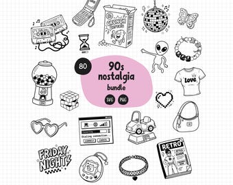 90er Jahre Nostalgie SVG PNG Bundle | 80er Retro Elemente | Zurück in die 90er Jahre | Y2K Ästhetik | Kommerzielle Nutzung