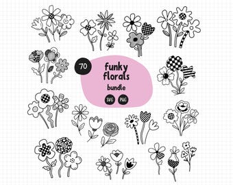 Paquete de diseños florales originales en formato SVG y PNG / 70 diseños florales retro y adorables / Regalo para ella / Rayas a cuadros / Weirdcore / Uso comercial
