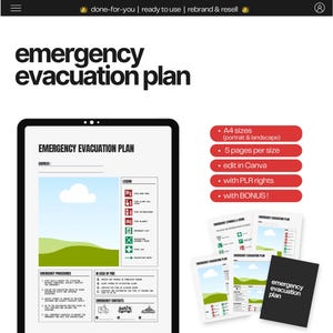 Sjabloon noodevacuatieplan | PLR bewerkbaar canvas | Plattegrond brandveiligheid | Afdrukbare noodmap | Veiligheidsbord voor de werkplek van Airbnb