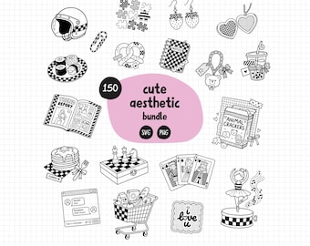 Paquete de archivos SVG y PNG con estética adorable / 150 elementos a cuadros y rayas / Inspirado en el estilo retro Y2K / Uso comercial