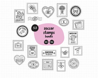 Fußball Briefmarken SVG PNG Bundle | 53 Doodles auf transparentem Hintergrund | Fußball-Design | Kommerzielle Nutzung