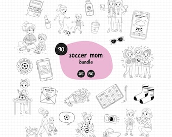Fußball Mama SVG PNG Bundle | 90 schwarze Outline Doodles auf transparentem Hintergrund | Clipart-Bundle | Kommerzielle Nutzung