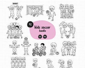 Kinder Fußball SVG PNG Bundle | 91 Schwarzer Umriss auf transparentem Hintergrund | Fußball-Kinderaktivitäten | Kommerzielle Nutzung