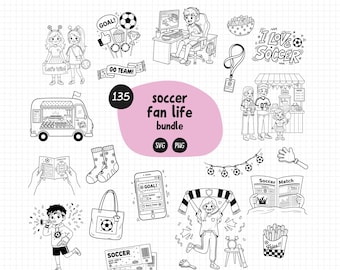 Fußball Fan Clipart Bundle | 135 Doodles schwarze Konturen | Fußball SVG PNG | Kommerzielle Nutzung