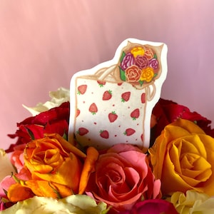 autocollant de sac d'épicerie | Sticker en vinyle brillant design fraises et fleurs